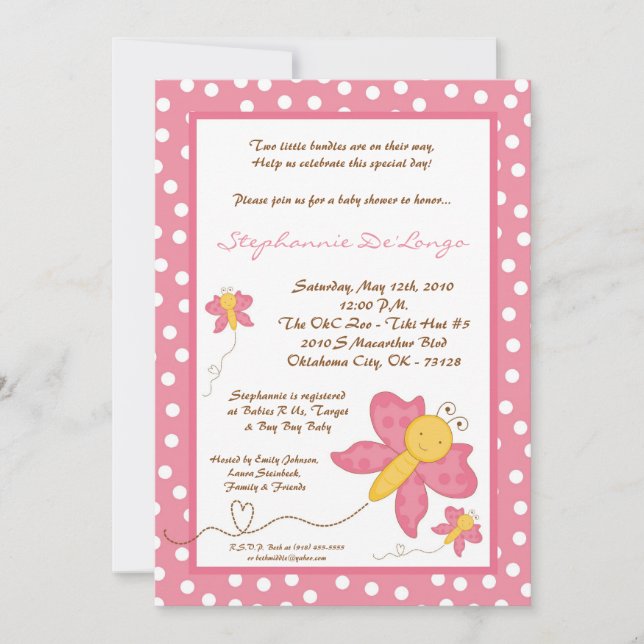 Invitation 5x7 JUMELLE l'invitation rose de baby shower de (Devant)