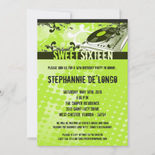 Invitation 5x7 Lime Gree DJ Tourne-disque16e anniversaire Inv