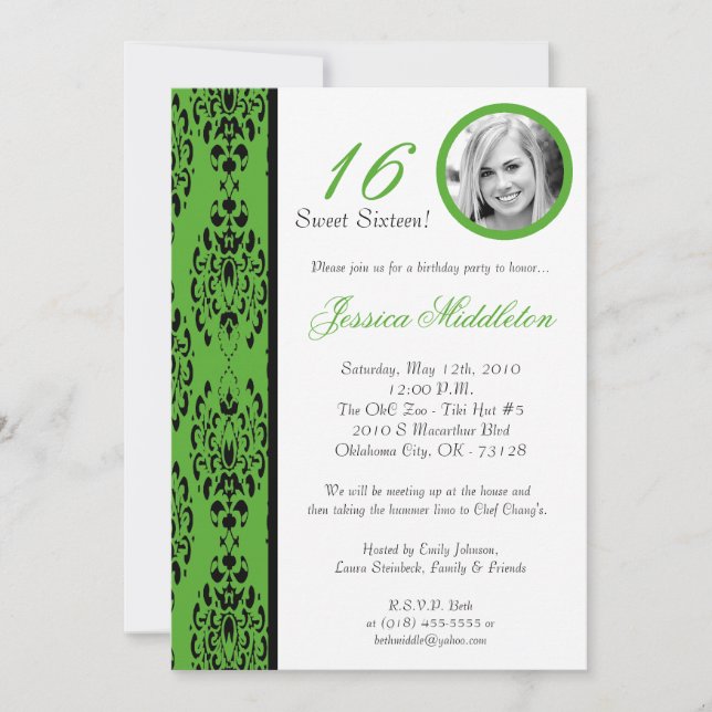 Invitation 5x7 Lime Green Damask 16 Anniversaire de fête Invi (Devant)