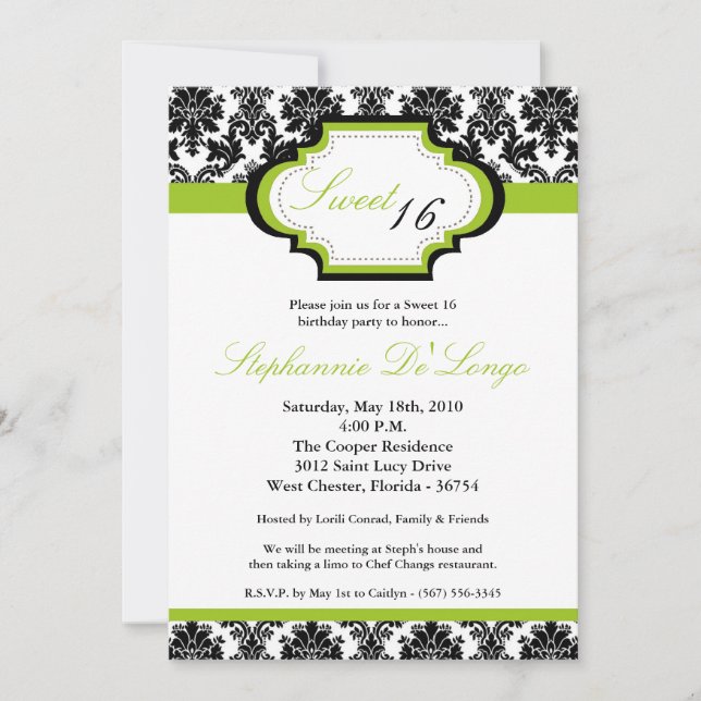 Invitation 5x7 Lime Green Damask Sweet 16 Anniversaire Invita (Devant)