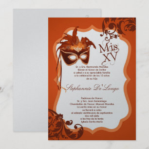 Invitation 5x7 Orange Masquerade Masque Quinceanera Invitatio