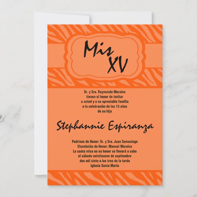 Invitation 5x7 Orange Zebra Imprimer Quinceanera 15 Invitatio (Devant)