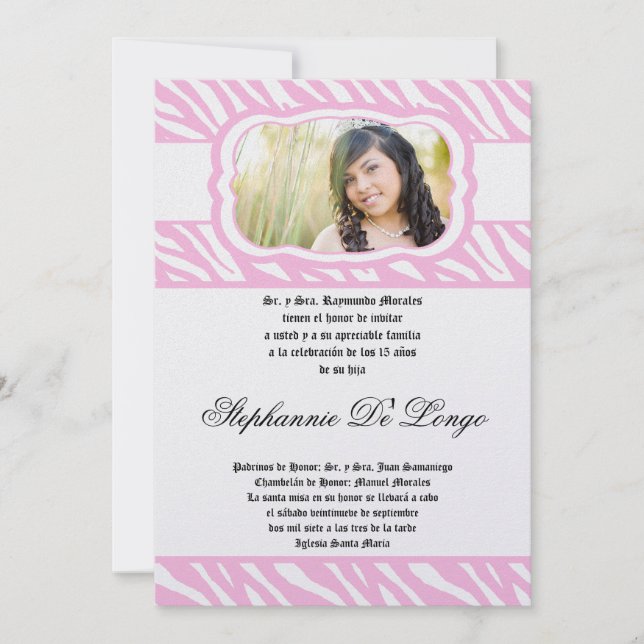 Invitation 5x7 Pink Zebra Imprimer Patter Quinceanera Invitat (Devant)