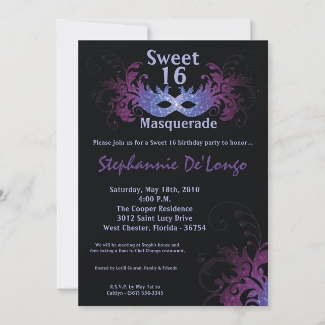 Invitation 5x7 Purple Masquerade Sweet 16 Anniversaire Invita (Devant)