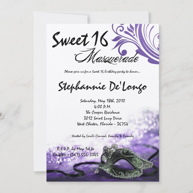 Invitation 5x7 Purple Masquerade Sweet 16 Anniversaire Invita (Devant)