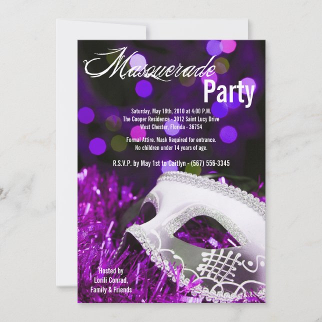 Invitation 5x7 Purple Masquerade Sweet 16 Anniversaire Invita (Devant)