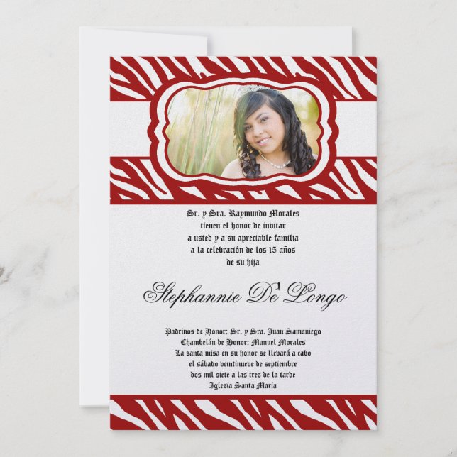 Invitation 5x7 Red Zebra Imprimer Patter Quinceanera Invitati (Devant)