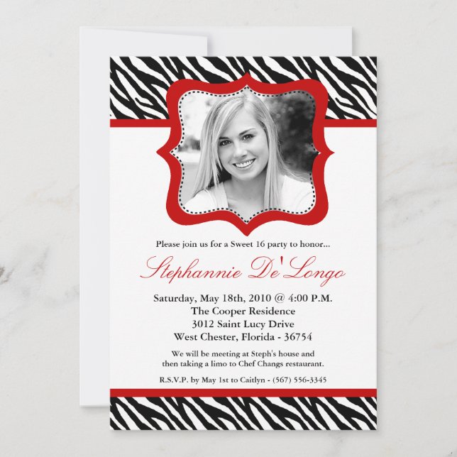 Invitation 5x7 Red Zebra PHOTO Sweet 16 Anniversaire Invitati (Devant)