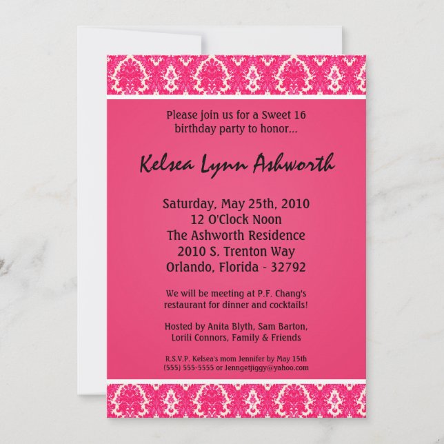 Invitation 5x7 Rose Damask Sweet 16 Anniversaire Fête Invitat (Devant)