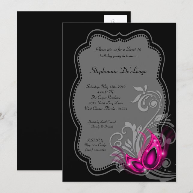 Invitation 5x7 Rose Masquerade Sweet 16 Anniversaire Invitati (Devant / Derrière)
