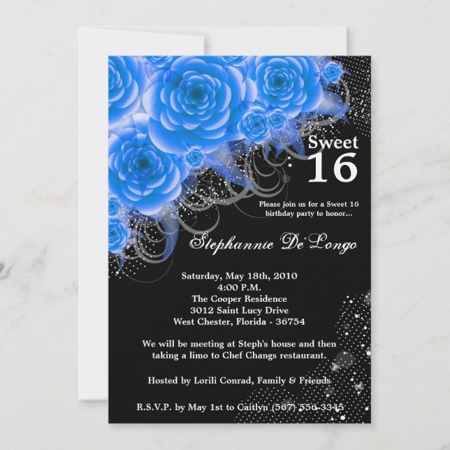 Invitation 5x7 Roses bleus Floral Sweet 16 Anniversaire Invit (Devant)