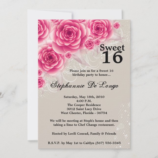 Invitation 5x7 Roses roses roses Floral Sweet 16 Anniversaire (Devant)
