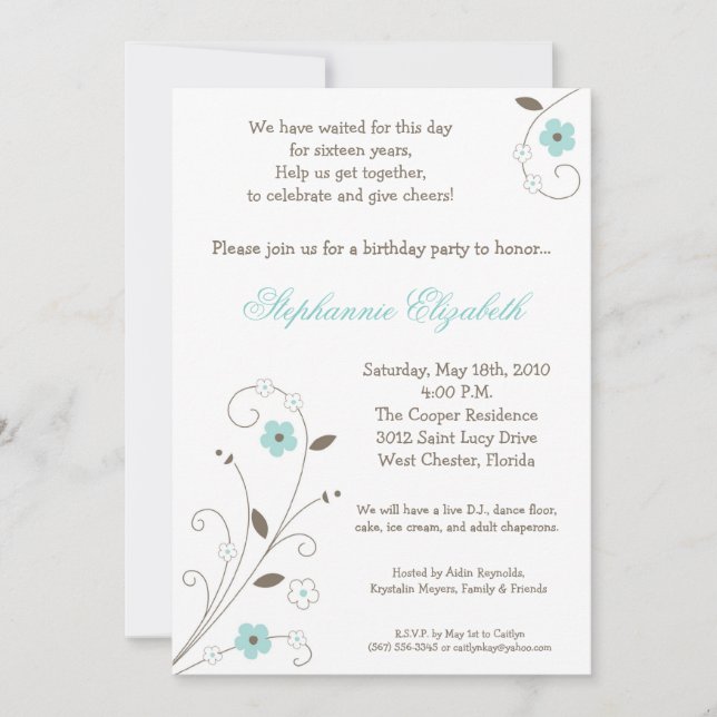 Invitation 5x7 Spring BlueFlower Sweet 16 Anniversaire Invita (Devant)