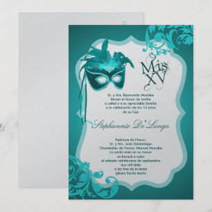 Invitation 5x7 Teal Masquerade Mask Quinceanera Invite