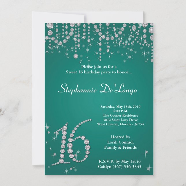 Invitation 5x7 Turquoise Diamond Sweet 16 Anniversaire Invita (Devant)