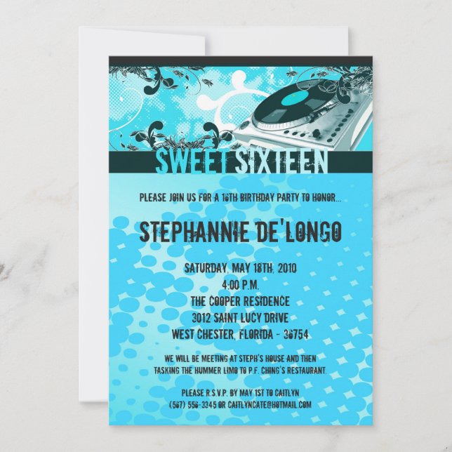 Invitation 5x7 Turquoise DJ Spin Tourne-disque16e anniversair (Devant)