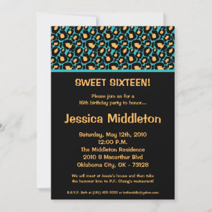 Invitation 5x7 Turquoise Turquois Cheetah 16e anniversaire In