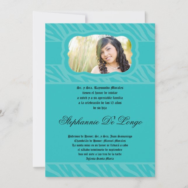Invitation 5x7 Turquoise Zebra Imprimante Patter Quinceanera  (Devant)