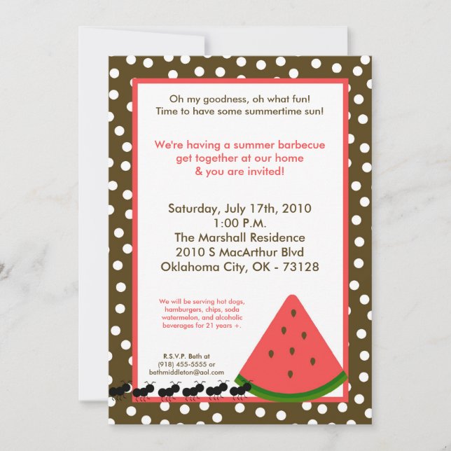 Invitation 5x7 Watermelon Summer Pique-nique Barbecue Invitat (Devant)