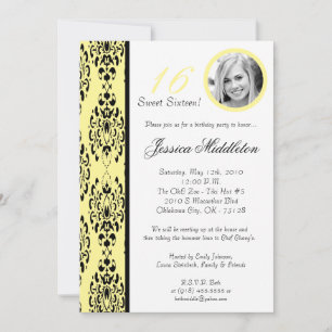 Invitation 5x7Light Yellow Damask 16 Anniversaire Fête Invita