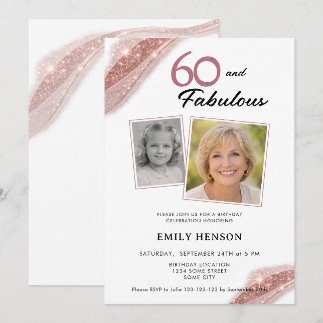 Invitation 60 and Fabulous Rose Gold 2 Photo Birthday (Devant / Derrière)