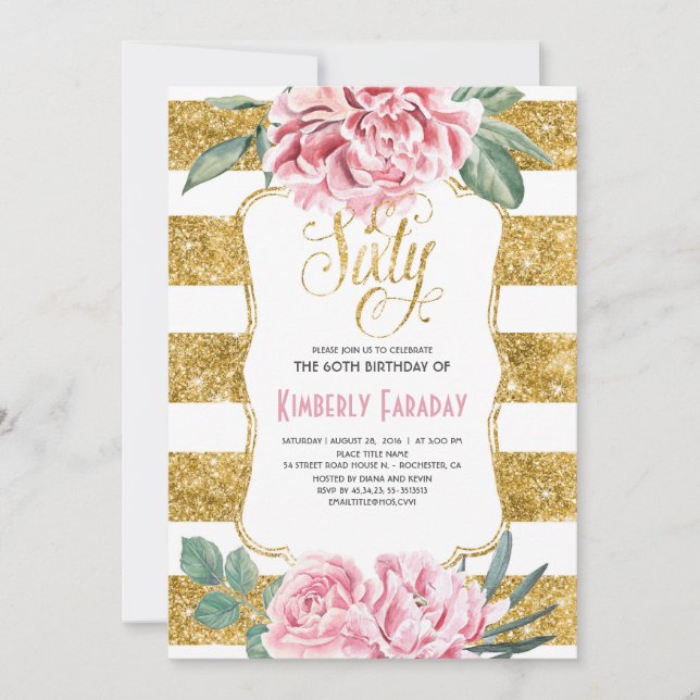 Invitation 60 Anniversaire - Floral Gold - Glam (Devant)