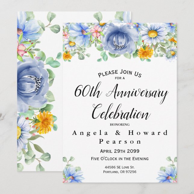Invitation 60 ans Anniversaire de mariage aquarell (Devant / Derrière)