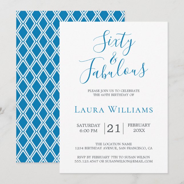 Invitation 60 et Fabulous Blue White 60e fête d'anniversaire (Devant / Derrière)