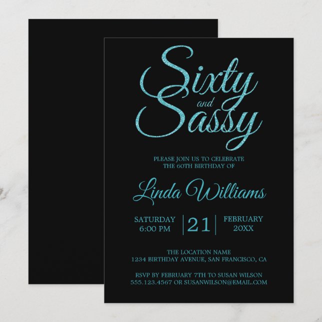 Invitation 60 et Sassy Blue Parties scintillant 60e fête d'an (Devant / Derrière)