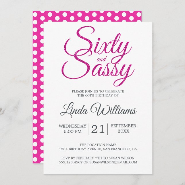 Invitation 60 et Sassy Pink Parties scintillant 60e fête d'an (Devant / Derrière)