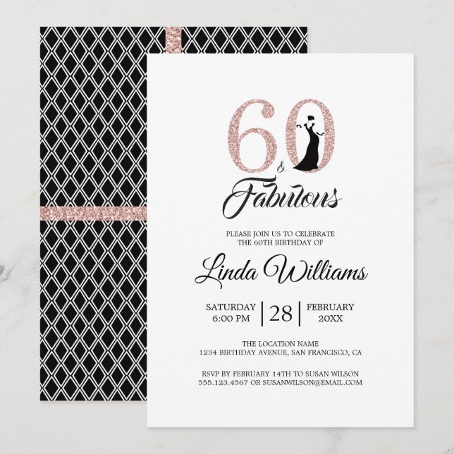 Invitation 60 Fabulous Pink Parties scintillant 60th Birthday (Devant / Derrière)