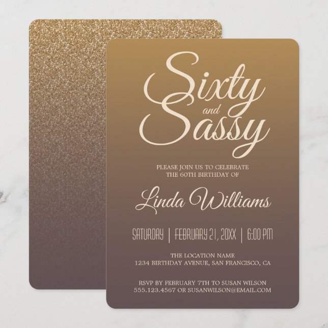 Invitation 60 Sassy Gold Burgundy Ombre 60e anniversaire (Devant / Derrière)