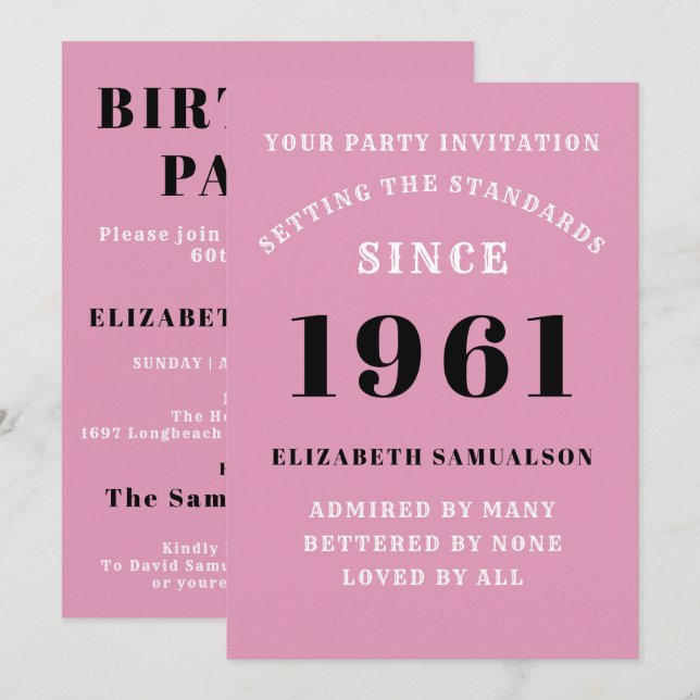 Invitation 60e anniversaire 1961 Rose noir Personnalisé pour  (Devant / Derrière)