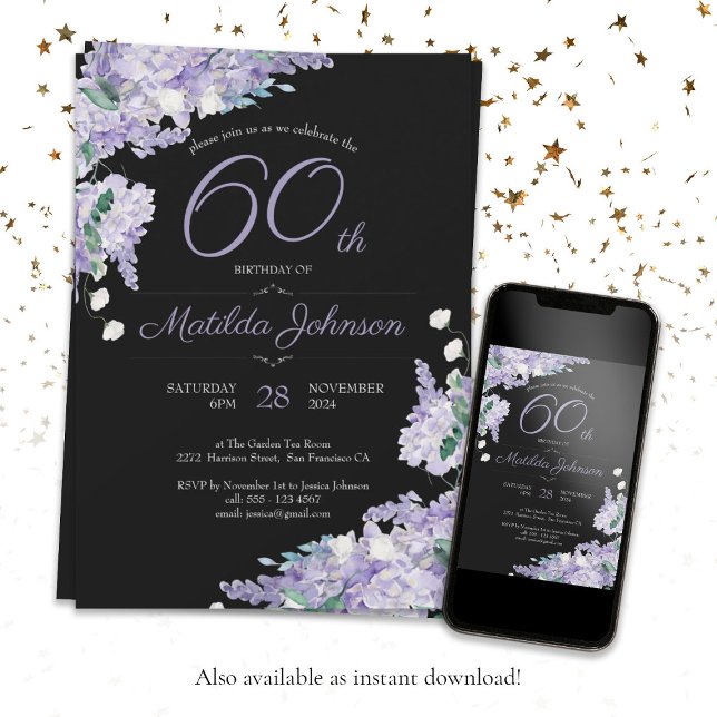 Invitation 60e anniversaire Aquarelle violette Floral Black C (60th Birthday Purple Watercolor Floral Black Chic Invitation)