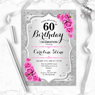 Invitation 60e anniversaire - Argent rayures roses roses rose