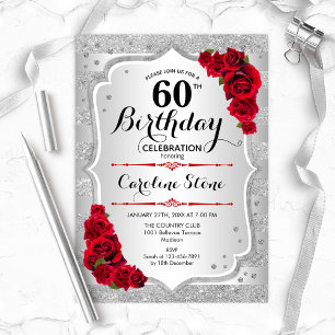 Invitation 60e anniversaire - Argent rayures Roses rouges