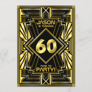 Invitation 60e anniversaire Art Déco Gold Black Great Gatsby