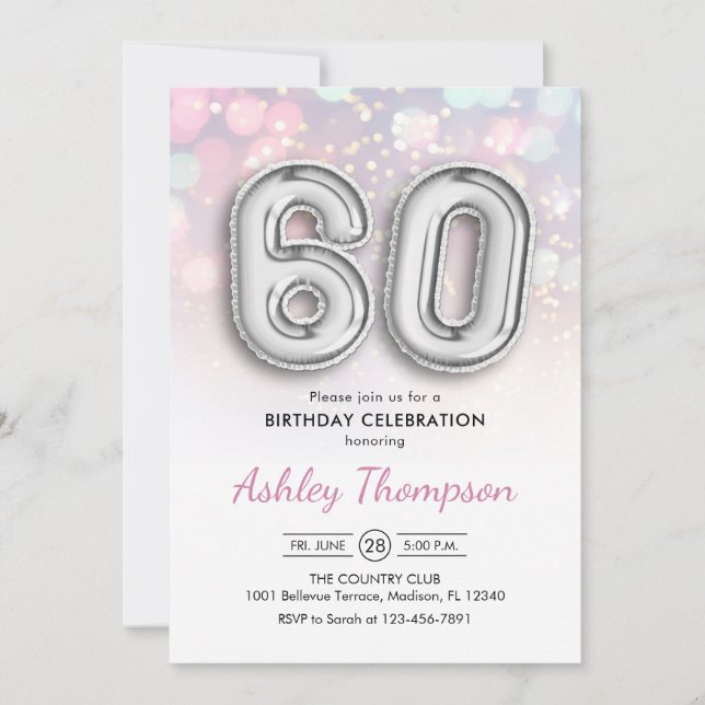 Invitation 60e anniversaire - Ballons d'argent Lumières rose (Devant)