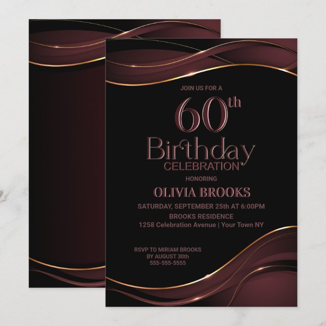 Invitation 60e anniversaire Black Dusty Pink Party (Devant / Derrière)