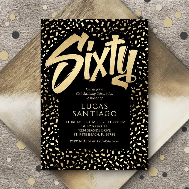 Invitation 60e anniversaire Black Gold Confetti (Créateur téléchargé)
