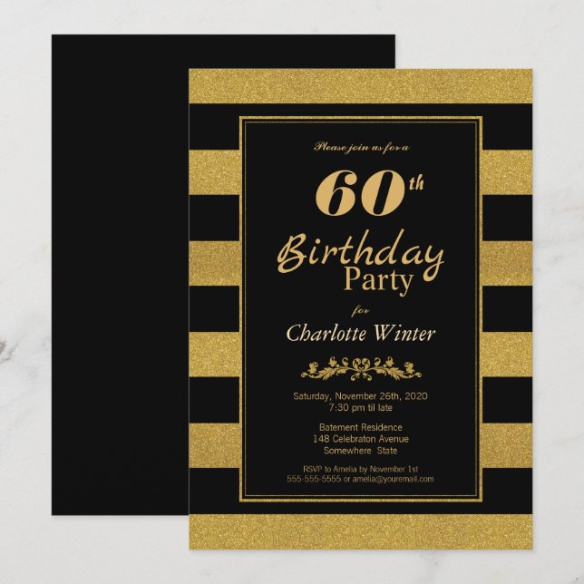 Invitation 60e anniversaire Black Gold Striped Party (Devant / Derrière)