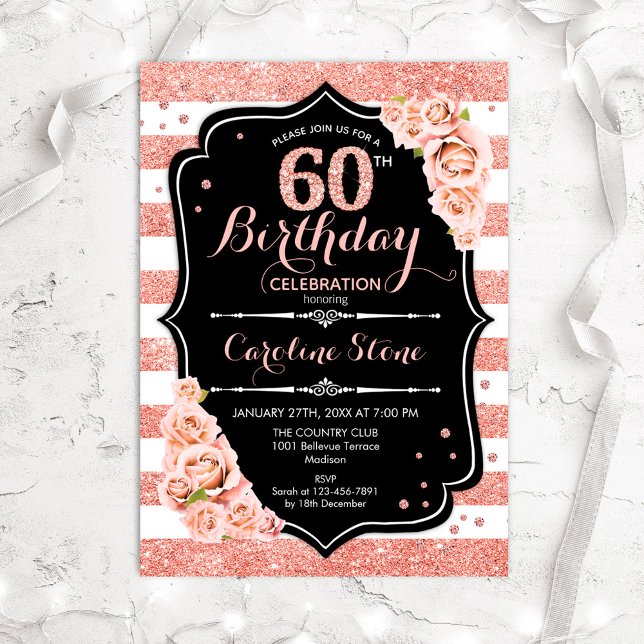 Invitation 60e anniversaire Black Rose Gold et White Stripes (Créateur téléchargé)
