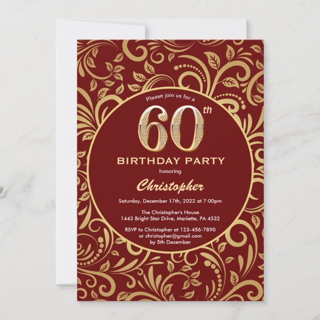 Invitation 60e anniversaire Bourgogne rouge et or modèle flor (Devant)