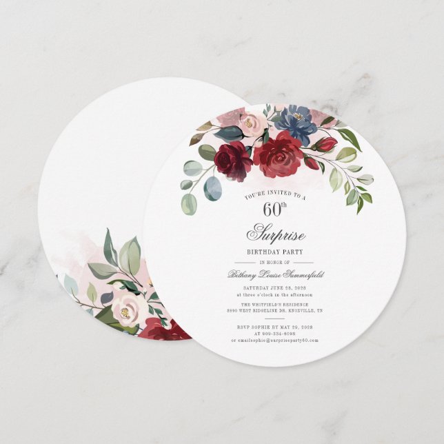 Invitation 60e anniversaire Burgundy Watercolor Eucalyptus Pa (Devant / Derrière)