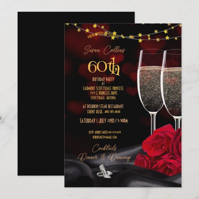 Invitation 60e Anniversaire Champagne & Rose Anniversaire Inv (Devant / Derrière)