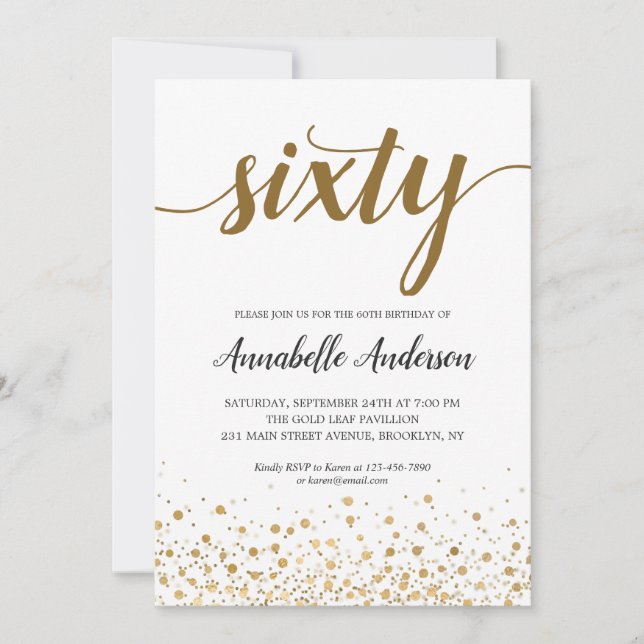 Invitation 60e anniversaire Confetti moderne or Script (Devant)