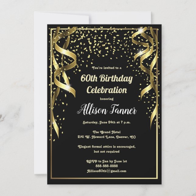 Invitation 60e anniversaire Confetti noir et or (Devant)