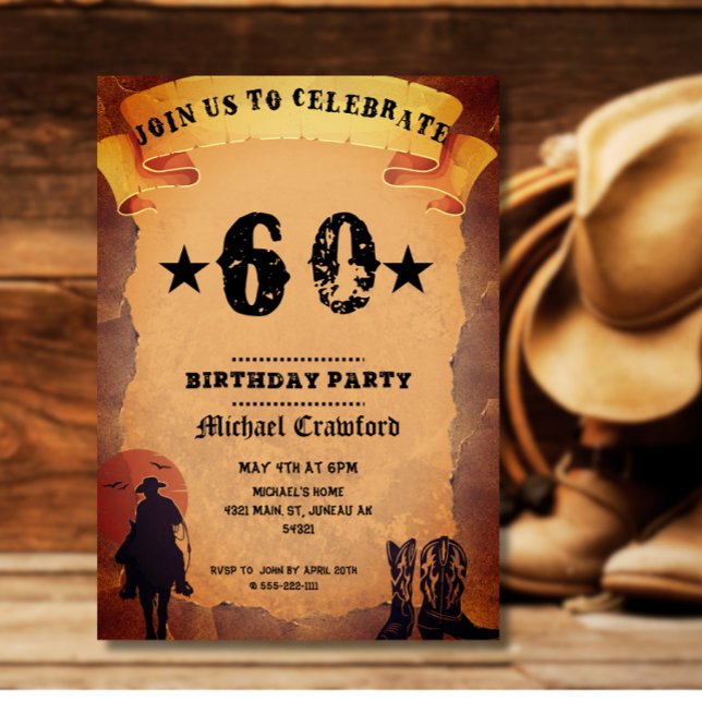 Invitation 60e anniversaire cowboy vieux papier cheval à chev (Créateur téléchargé)