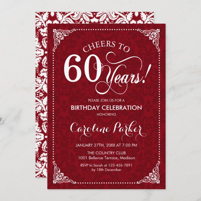 Invitation 60e anniversaire - Damas blanc rouge (Devant / Derrière)