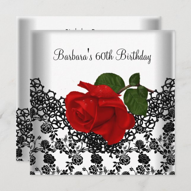 Invitation 60e anniversaire Damask Lace Noir Blanc Rose ROUGE (Devant / Derrière)